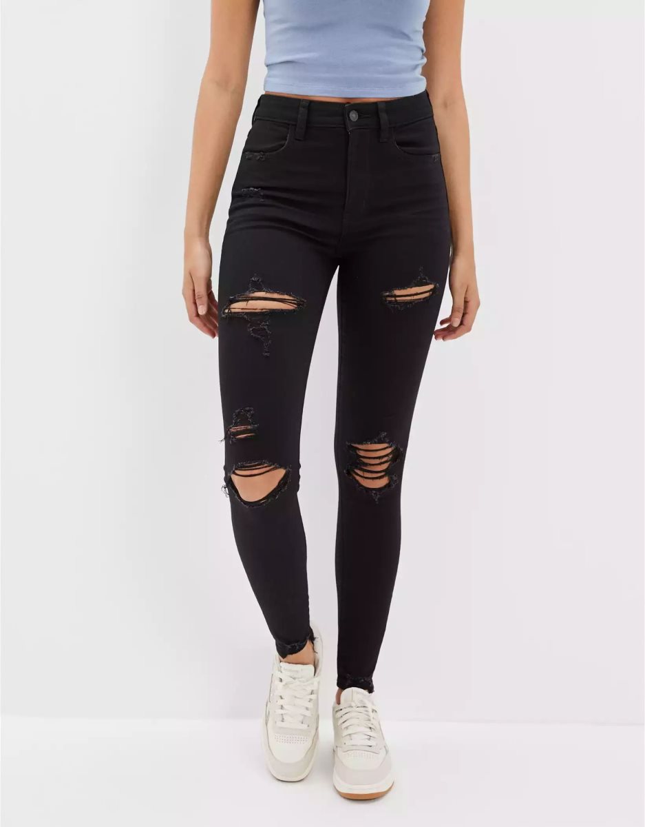 Jean American Eagle AE Ne(x)t Level Ripped Super High-Waisted Jegging Noir Femme | UBC-68553171